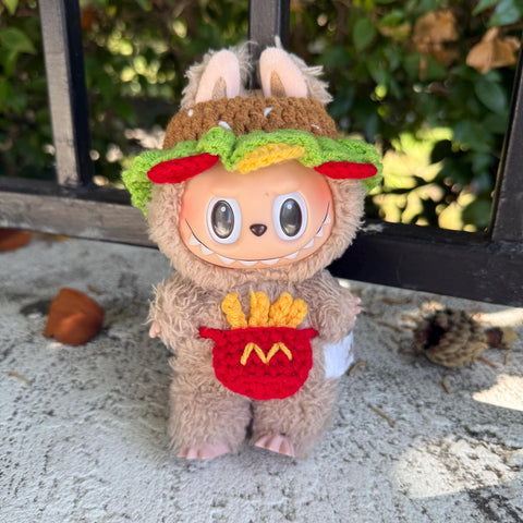 Cute Handmade Labubu Crochet Burger and Fries Clothes, 17cm Doll Clothes