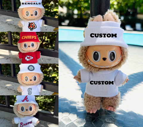 Labubu wearing custom sports outfits featuring NFL and MLB