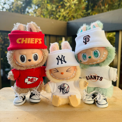 Handmade Labubu sports clothes —— Chiefs, Yankees, and Eagles jerseys with matching hats