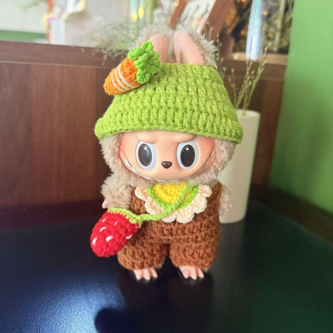 Handmade Crochet Flower and Strawberry Labubu Clothes